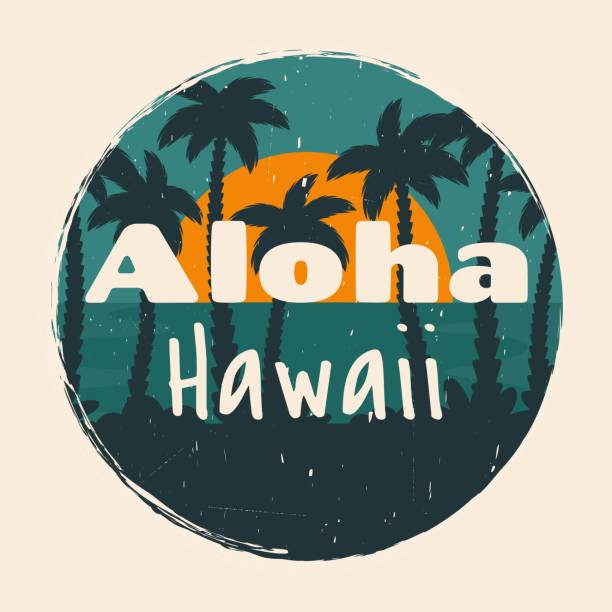 Aloha Hawaii. Sunset beach in vintage style. Summer beach background. Beautiful seascape with silhouettes of tropical palm leaves, sunrise, ocean. Vector cartoon flat illustration for travel, vintage card, vacation holidays, resort, poster
