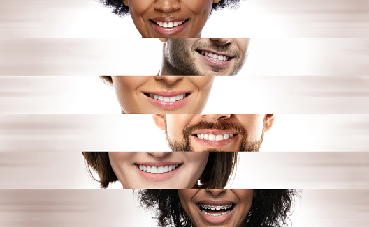 Primeros planos sonrisas masculinas y femeninas de personas de diferentes etnias photo