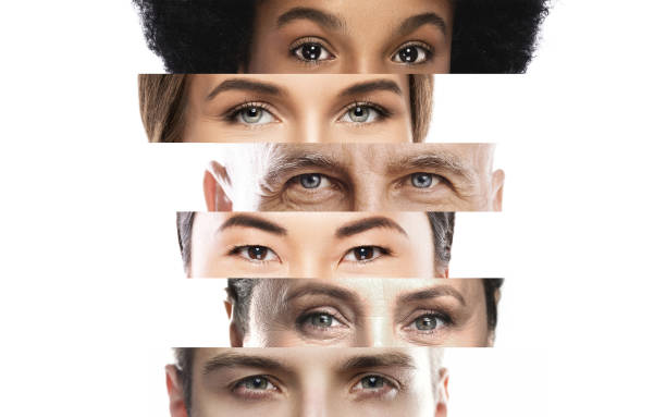 collage mit nahen männlichen und weiblichen augen unterschiedlicher ethnie und altersgruppen - woman face close up stock-fotos und bilder