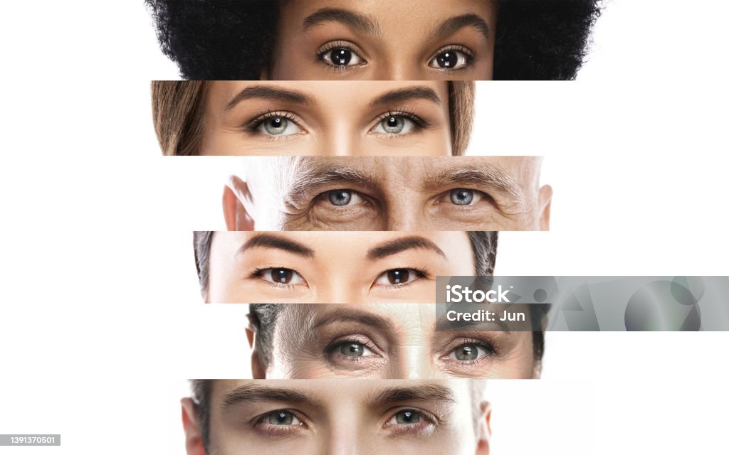 Collage with close-up male and female eyes of different ethnicity and age Collage with close-up male and female eyes of different ethnicity and age. Multicultural diversity and friendship. Multiracial Group Stock Photo