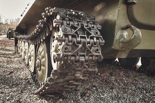 Russian military tank tracks close up view