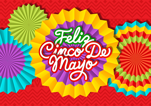 Join the Cinco De Mayo Fiesta held on 5 May with calligraphy and decoration of colorful party paper fans on the red folk art pattern