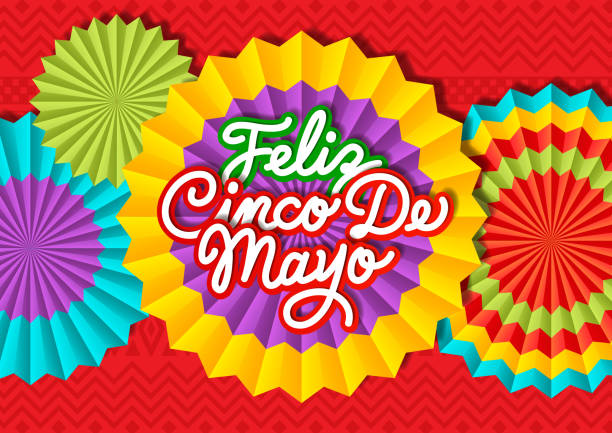 Cinco De Mayo Paper Fans Join the Cinco De Mayo Fiesta held on 5 May with calligraphy and decoration of colorful party paper fans on the red folk art pattern chili pepper pattern stock illustrations