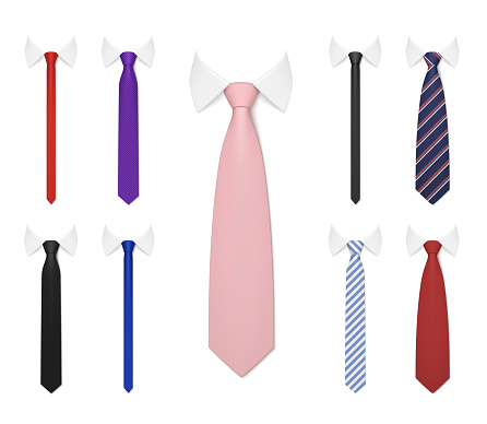 Collection realistic trendy men's ties with white shirt collar vector illustration. Set elegance formal male apparel accessory different shapes and ornament pattern isolated. Necktie for suit clothes