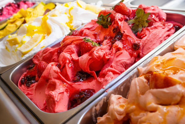 istock Various Gelato in a store window. Multicolor Ice cream rack  close-up. 1391375202