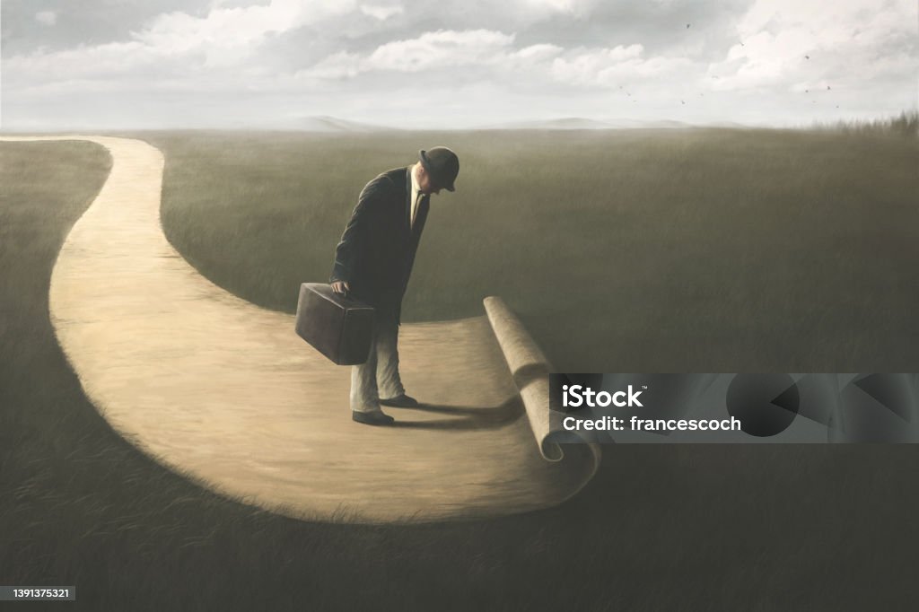 Illustration of man's surreal path, business abstract concept The Way Forward stock illustration