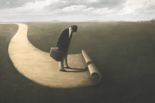 Illustration of man's surreal path, business abstract concept Illustration of man's surreal path, business abstract concept the end stock illustrations