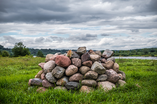 Pagan Altar in Lithuania, Kaunas District, Zapyskis. Cloudy sky in Background.