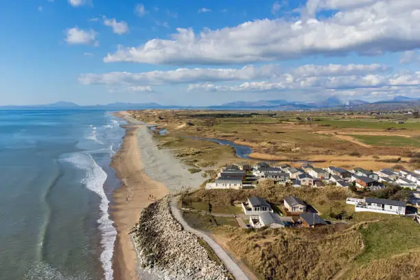 Aerial view of Tywyn Beach on the Cambrian Coast, North West Wales, UK