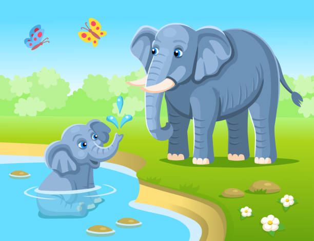 ilustrações de stock, clip art, desenhos animados e ícones de big elephant and baby elephant in cartoon style. cute baby elephant sitting in the lake and pouring water from its trunk. animals of africa. vector cartoon illustration. - elephant water vector animals in the wild