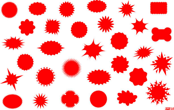 ilustrações de stock, clip art, desenhos animados e ícones de starbursts or sales sticker - icon pack - vector illustration - red - efeito de refracção de luz