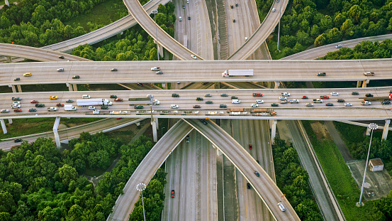 Aerial view of cars moving on Beltway 8 highway in Houston, Texas, USA.