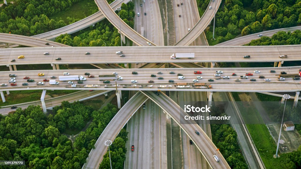 Texas State Highway Beltway 8 Aerial view of cars moving on Beltway 8 highway in Houston, Texas, USA. Road Stock Photo