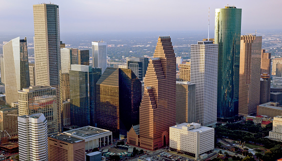 Dallas city skyline, Dallas, Texas, reflections on right side of buildings, full skyline, plenty of copy space top and bottom