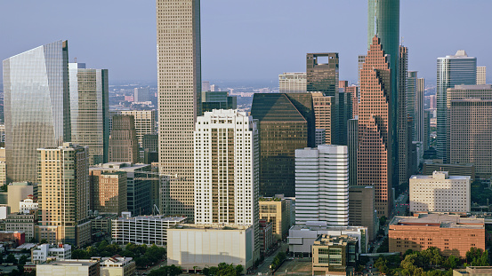 Aerial view of skyscrapers in downtown Houston, Texas, USA.