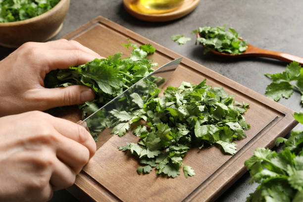 istock Woman cutting fresh green cilantro at grey table, closeup 1391393649