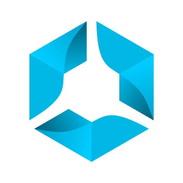 Vector illustration of Abstract hexagonal blue gradient logo. Three triangle folding elements.