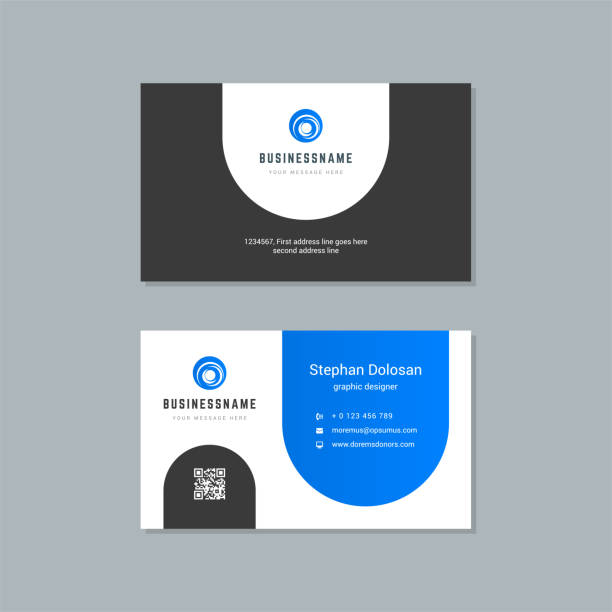Business card design blue and black colors print template Business card design blue and black colors template modern corporate branding style vector illustration. Two sides with abstract logo on clean background telephone card stock illustrations