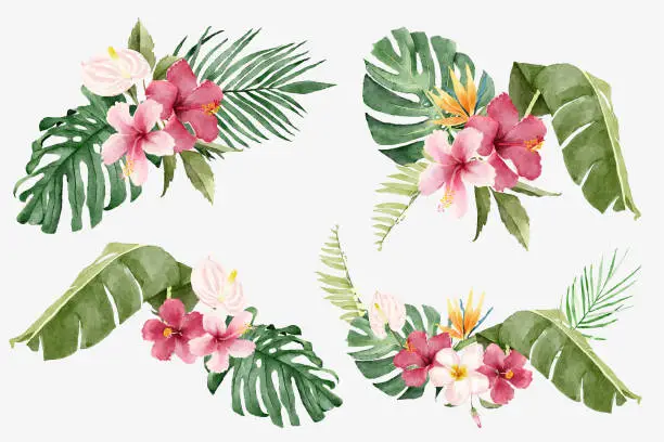 Vector illustration of Watercolor Bouquets of Tropical Flowers and Exotic Leaves