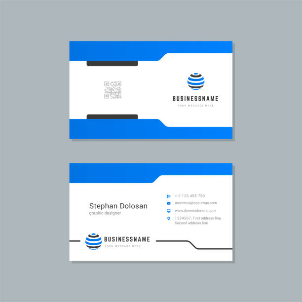 Business card design blue and black colors print template Business card design blue and black colors template modern corporate branding style vector illustration. Two sides with abstract emblem on clean background telephone card stock illustrations