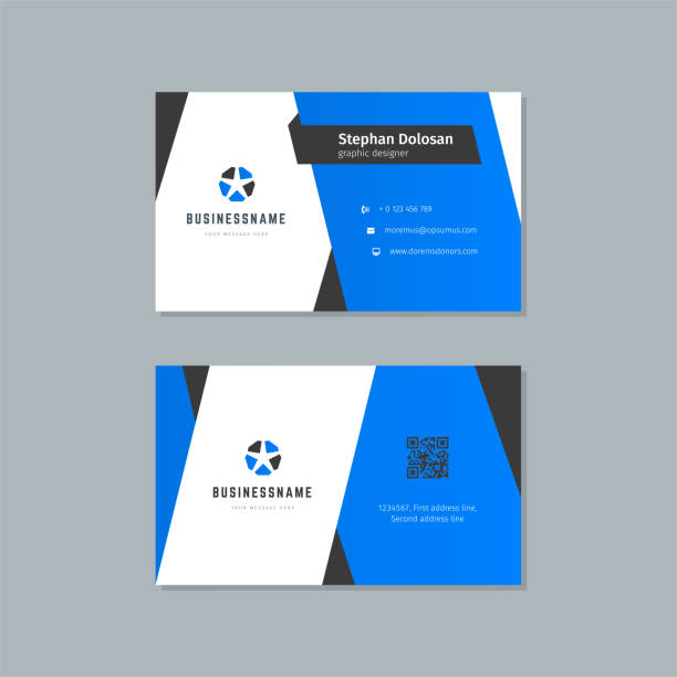 Business card design blue and black colors print template Business card design blue and black colors template modern corporate branding style vector illustration. Two sides with abstract emblem on clean background telephone card stock illustrations