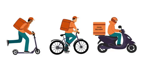 Vector illustration of Delivery service men couriers on scooter bicycle and motorcycle hand drawn vector illustration