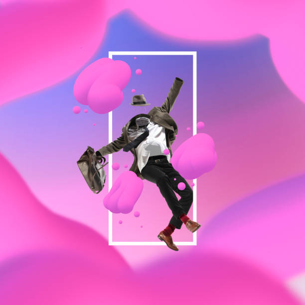 collage d’art contemporain. silhouette masculine portant un tissu d’affaires élégant, costume isolé sur fond abstrait violet et rose - visual art photos photos et images de collection