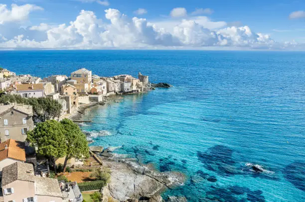 Landscape with Erbalunga, ancient village in Corsica island, French