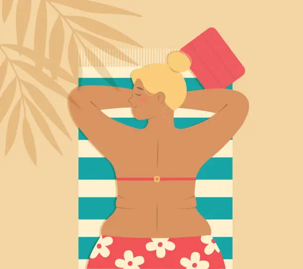 Vector illustration of Plump woman in swimsuit lying on beach sunbathing. Girl relaxing at seaside resort.