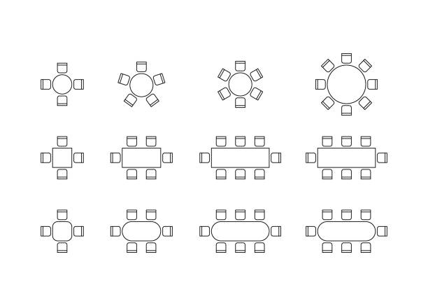 illustrazioni stock, clip art, cartoni animati e icone di tendenza di set di piano per la disposizione di posti a sedere e tavoli all'interno, elementi di contorno grafico del layout. icone di sedie e tavoli nel piano architettonico dello schema. mobili per ufficio e casa, vista dall'alto. linea vettoriale - ufficio open space