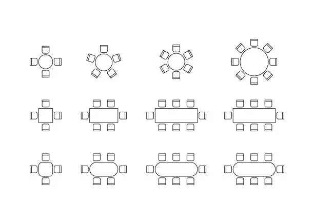 Vector illustration of Set of plan for arranging seats and tables in interior, layout graphic outline elements. Chairs and tables icons in scheme architectural plan. Office and home furniture, top view. Vector line