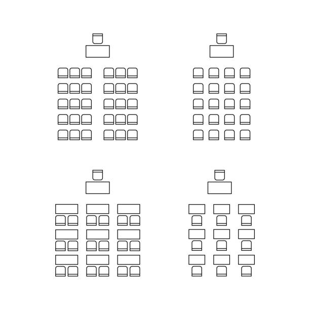 illustrazioni stock, clip art, cartoni animati e icone di tendenza di set di piano per la disposizione dei posti all'interno, auditorium con spettatori di luogo, aula, teatro, aula magna, elementi di contorno del layout. schema sedie e tavoli icone. mobili vista dall'alto. linea vettoriale - lecture hall university seminar silhouette