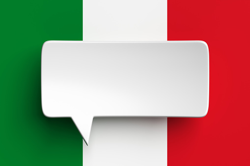 Social media notification icon, white bubble speech on the background of the flag of Italy. 3D rendering