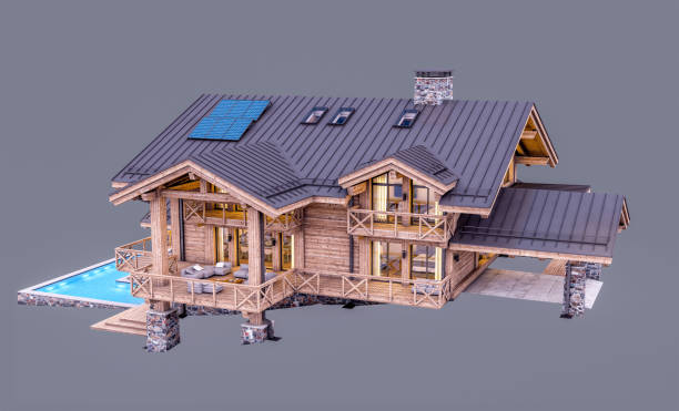 istock 3d rendering of modern cozy chalet in evening isolated on gray 1391404881
