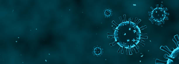 istock Coronavirus 3d render covid blue on blue background with copy space. 1391405135