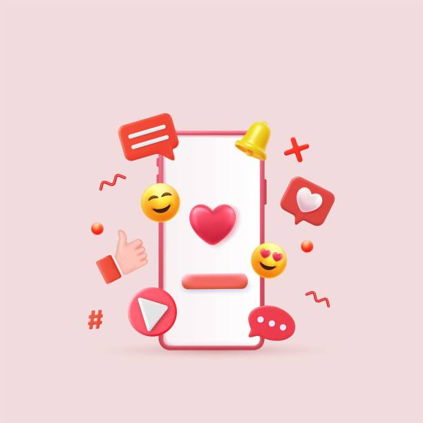 social media and technology 3d render social media and technology with smartphone, like button and geometric shapes, chat. online social communication applications concept. Vector illustration. heart emoji phone stock illustrations