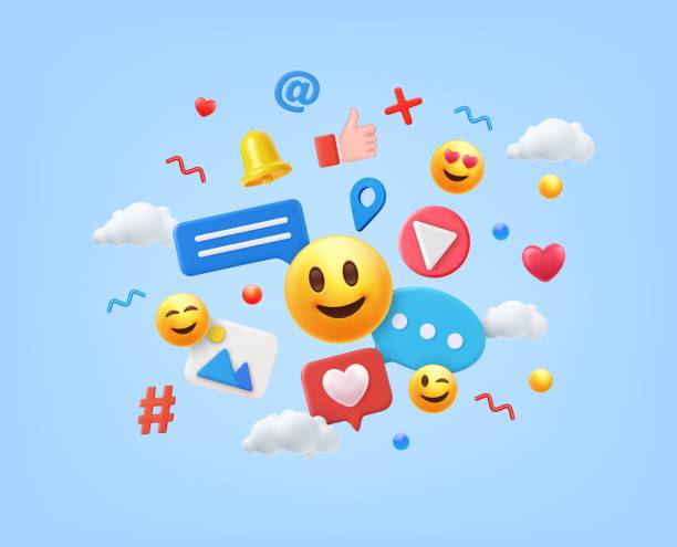 3d render social media and technology, 3d render social media and technology, online social communication applications concept, emoji, hearts, chat on light blue background. Vector illustration emoticon stock illustrations