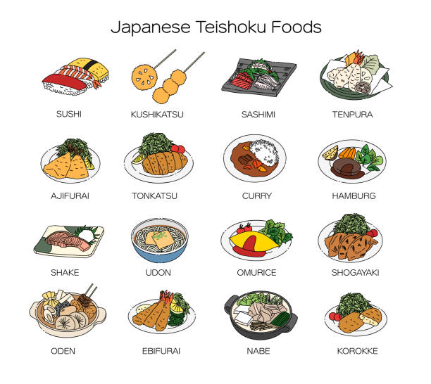 Japanese foods color illustration set Japanese foods color illustration set washoku stock illustrations