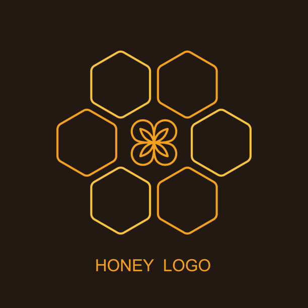 Honey Company Logo Honey Company Logo. Honeycomb Emblem Design. Geometric Linear Logotype template. Vector Illustration. Minimal line art simple organic product concept. Gold and black background. beehive hairstyle stock illustrations