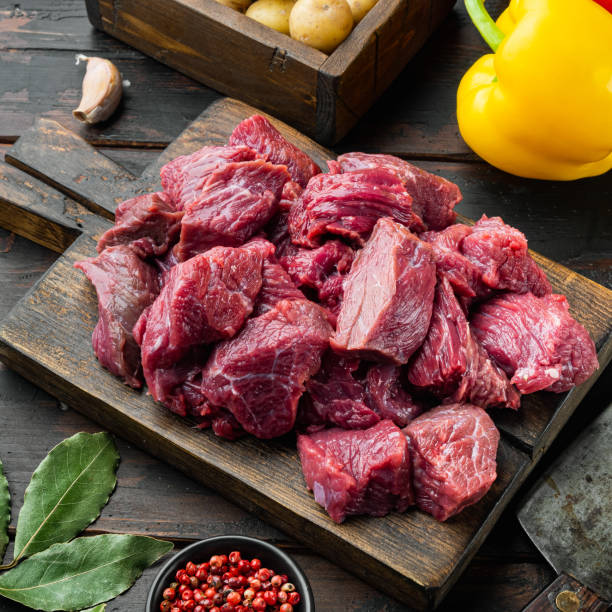 istock Fresh raw chopped beef with sweet bell pepper, on old dark  wooden table , square format 1391406151