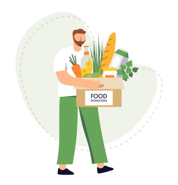 Vector illustration of Male volunteer. Man carries food in cardboard box. Character with food for donations. Charity and financial support concept. Social support for the poor. Flat vector illustration isolated background.