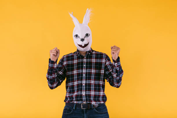 disguised person in rabbit mask wearing plaid shirt and jeans, clenching fists, on yellow background. carnival, party, easter and celebration concept. - mask religious celebration horizontal easter imagens e fotografias de stock