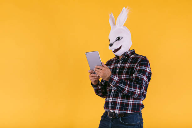 disguised person in rabbit mask with checkered shirt and jeans, looking at his tablet, on yellow background. carnival, party, easter and celebration concept. - mask religious celebration horizontal easter imagens e fotografias de stock