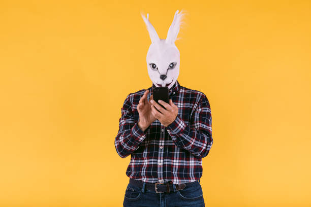 disguised person in rabbit mask with checkered shirt and jeans, looking at his smart phone mobile phone, on yellow background. carnival, party, easter and celebration concept. - mask religious celebration horizontal easter imagens e fotografias de stock