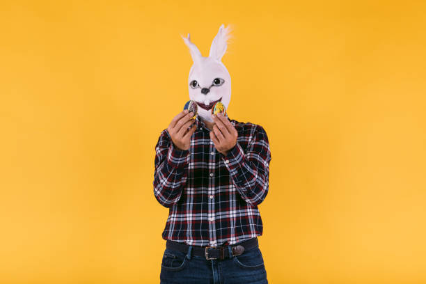 disguised person in rabbit mask wearing checkered shirt and jeans, holding easter eggs, on yellow background. carnival, party, easter and celebration concept. - mask religious celebration horizontal easter imagens e fotografias de stock