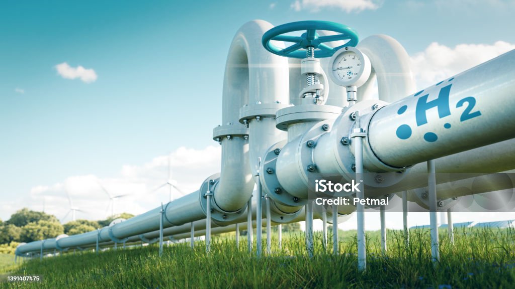 A hydrogen pipeline illustrating the transformation of the energy sector towards to ecology, carbon neutral, secure and independent energy sources to replace natural gas. 3d rendering Hydrogen Stock Photo
