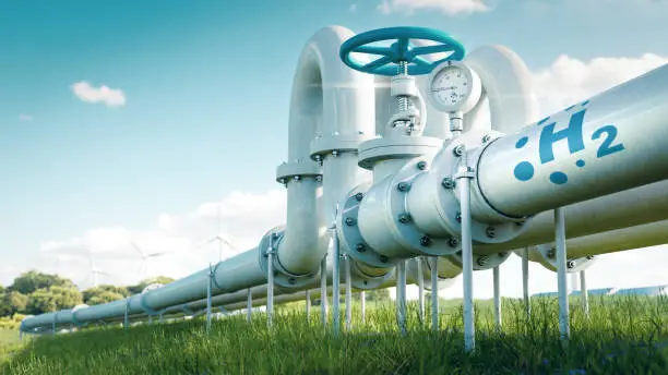 Photo of A hydrogen pipeline illustrating the transformation of the energy sector towards to ecology, carbon neutral, secure and independent energy sources to replace natural gas. 3d rendering