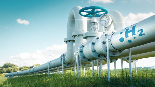 a hydrogen pipeline illustrating the transformation of the energy sector towards to ecology, carbon neutral, secure and independent energy sources to replace natural gas. 3d rendering - hidrojen stok fotoğraflar ve resimler