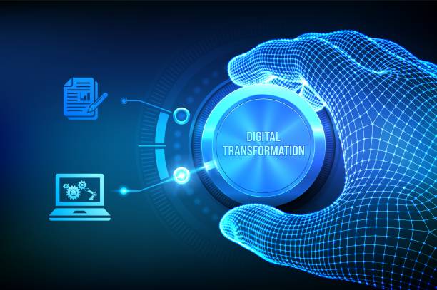 digitale transformation. digitalisierung von geschäftsprozessen und moderner technologie. wireframe-hand, die einen knopf dreht und den digitalen modus auswählt. digitalisierung des analogen datenkonzepts. vektorillustration. - digitale transformation stock-grafiken, -clipart, -cartoons und -symbole