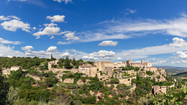 Super panoramic view Luberon valley with ancient Gordes town. Vaucluse, Provence, Alps, Cote d'Azur, France